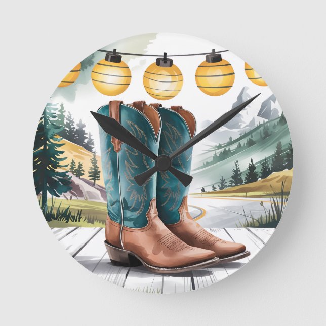 Western Home Decor Rustic Trails Cowboy Boots  Round Clock (Front)
