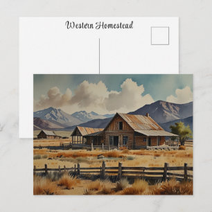 Western Homestead Ranch Farm Watercolor Painting Postcard
