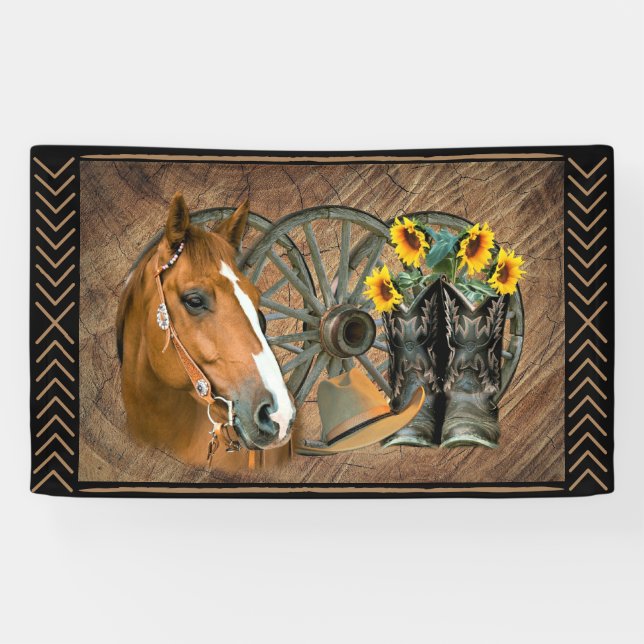Western Horse Cowboy Boots Cowboy Hat Wagon Wheel Banner (Horizontal)