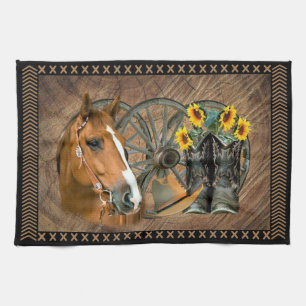 Western Horse Cowboy Boots Cowboy Hat Wagon Wheel Kitchen Towel