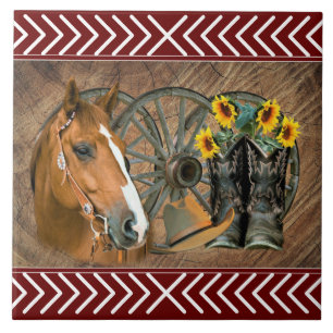 Western Horse Cowboy Boots Cowboy Hat Wagon Wheel Tile