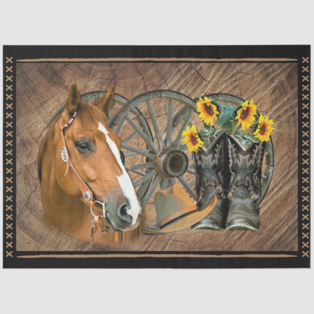 Western Horse Cowboy Boots Cowboy Hat Wagon Wheel Tissue Paper (Front)