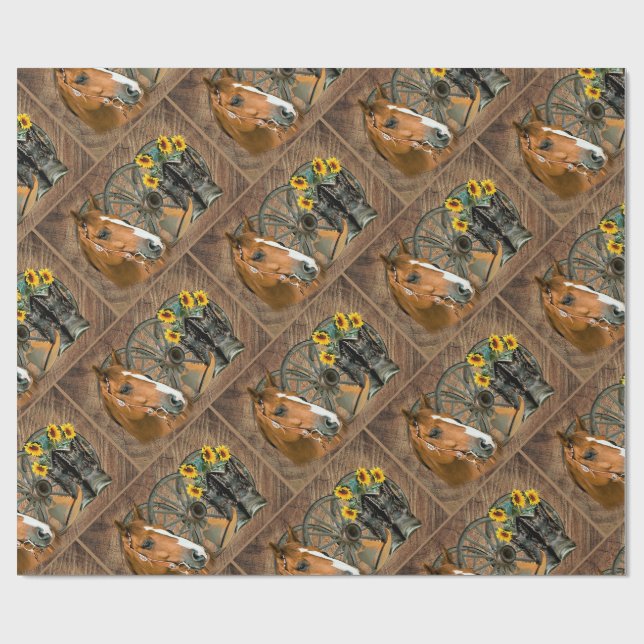 Western Horse Cowboy Boots Cowboy Hat Wagon Wheel Wrapping Paper (Flat)