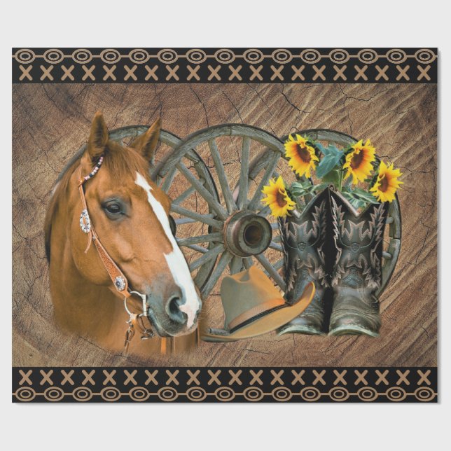 Western Horse Cowboy Boots Cowboy Hat Wagon Wheel Wrapping Paper (Flat)
