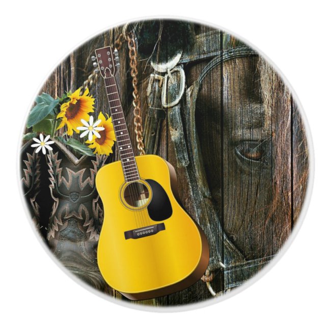 Western Horse Cowboy boots Guitar Sunflowers Ceramic Knob (Front)
