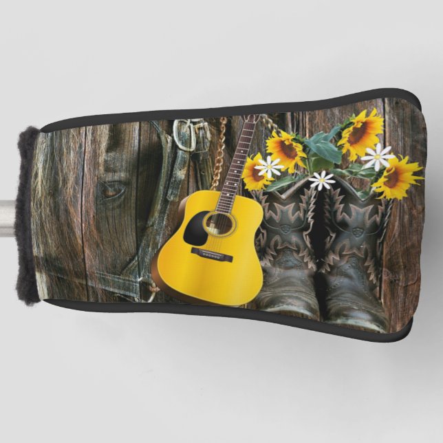 Western Horse Cowboy boots Guitar Sunflowers Golf Head Cover (Front)