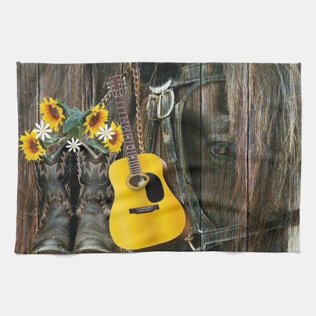 Western Horse Cowboy boots Guitar Sunflowers Kitchen Towel (Horizontal)