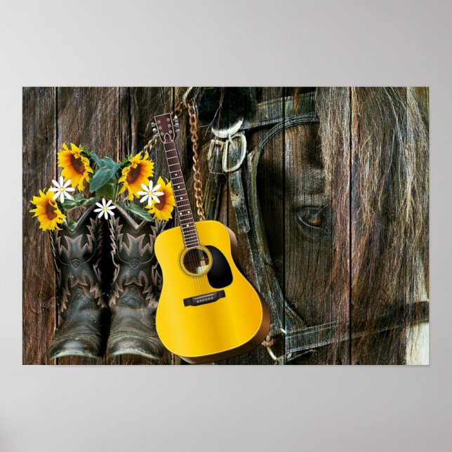 Western Horse Cowboy boots Guitar Sunflowers Poster (Front)
