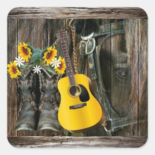 Western Horse Cowboy boots Guitar Sunflowers Squar Square Sticker