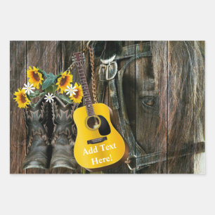 Western Horse Cowboy boots Guitar Sunflowers Wrapping Paper Sheet