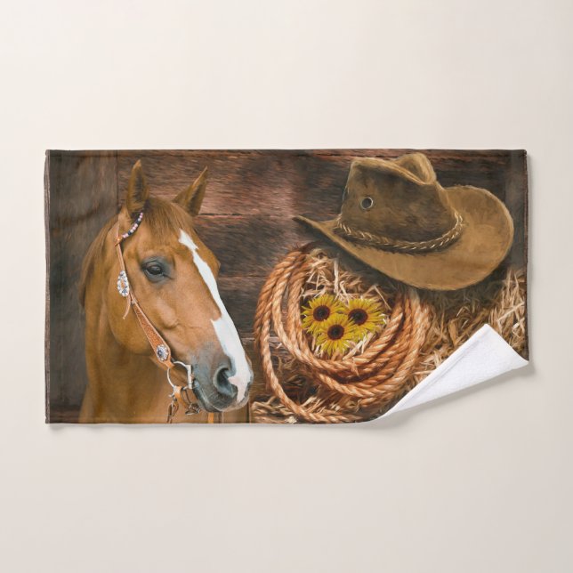 Western Horse Cowboy Hat Lasso Sunflowers  Hand Towel (Hand Towel)