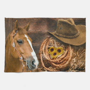 Western Horse Cowboy Hat Lasso Sunflowers  Kitchen Towel