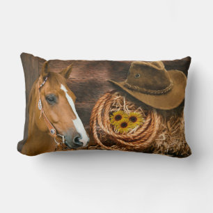 Western Horse Cowboy Hat Lasso Sunflowers Lumbar Pillow