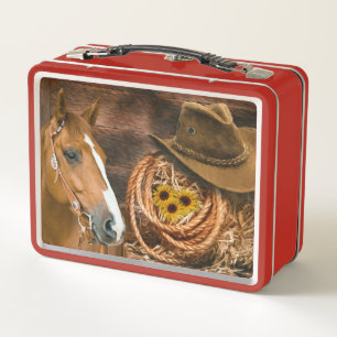 Western Horse Cowboy Hat Lasso Sunflowers  Metal Lunch Box