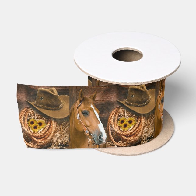 Western Horse Cowboy Hat Lasso Sunflowers  Satin Ribbon (Spool)