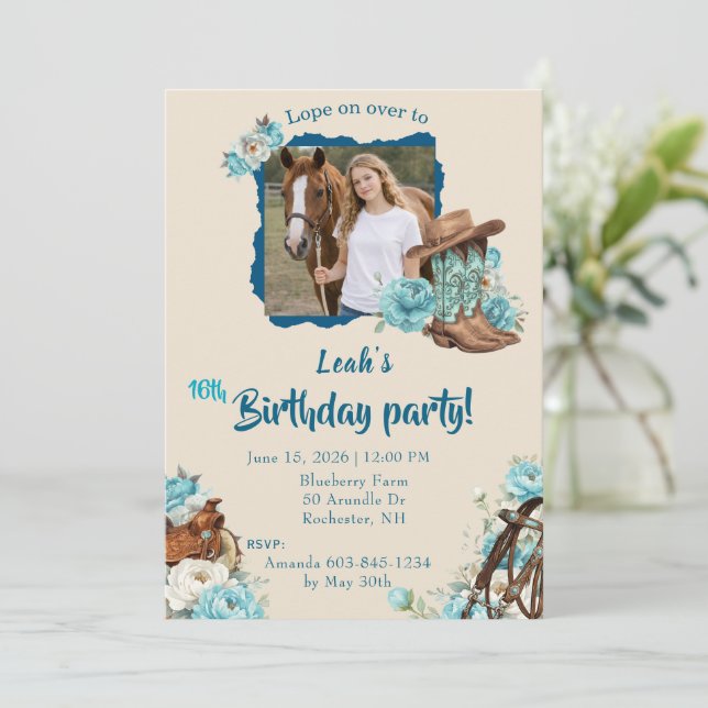 Western Horse Floral Birthday Invitation – Cream (Standing Front)