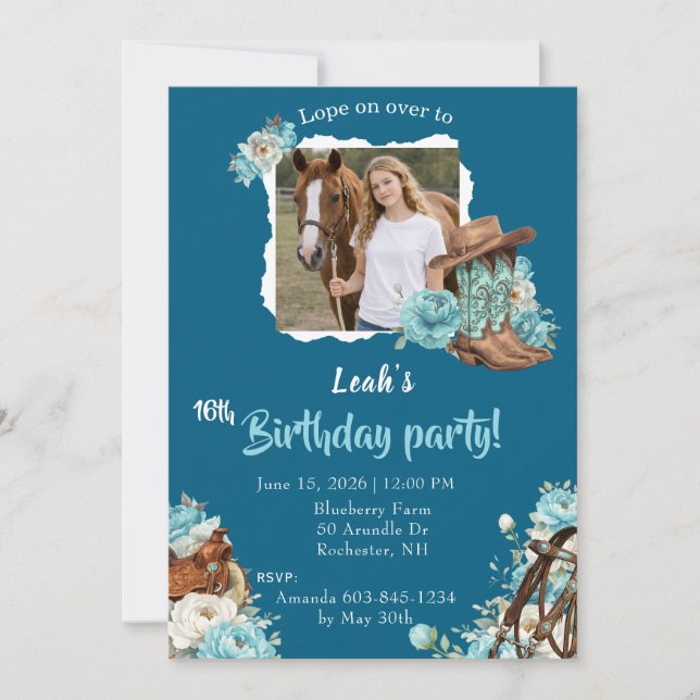 Western Horse Floral Birthday Invitation – Navy (Front)