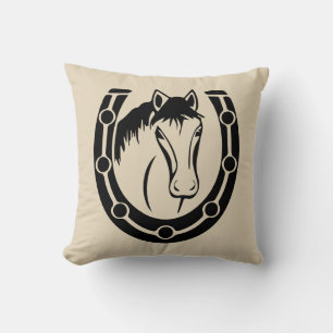 Western Horse Horseshoe Brown Wood Equestrian Tan Throw Pillow