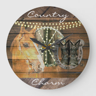 Western Horse Horseshoe Wagon Wheel Cowboy Boots Large Clock