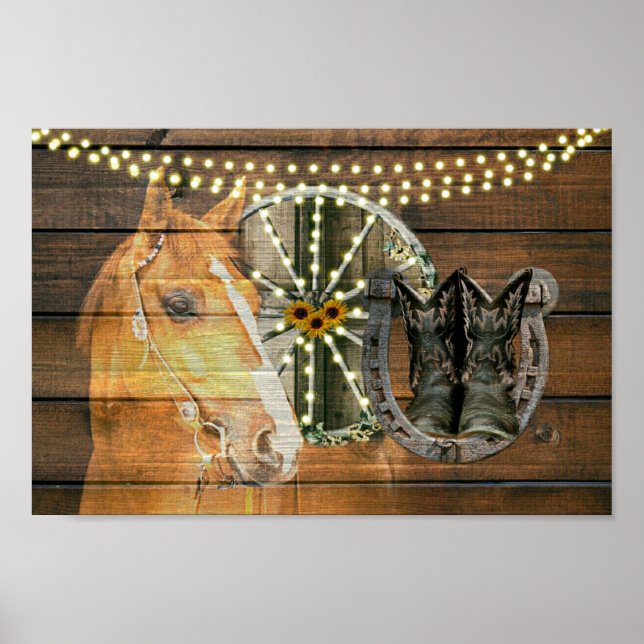 Western Horse Horseshoe Wagon Wheel Cowboy Boots Poster (Front)