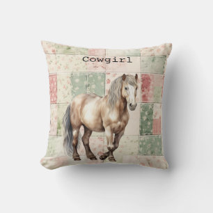 Western Horse Pink Floral quilt Throw Pillow