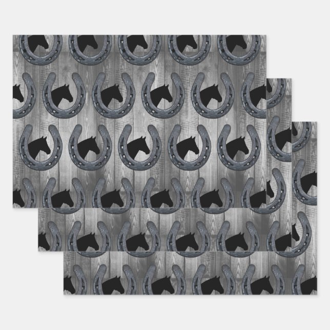 Western Horse Ranch Horseshoe & Grey Wood Planks Wrapping Paper Sheet (Set)
