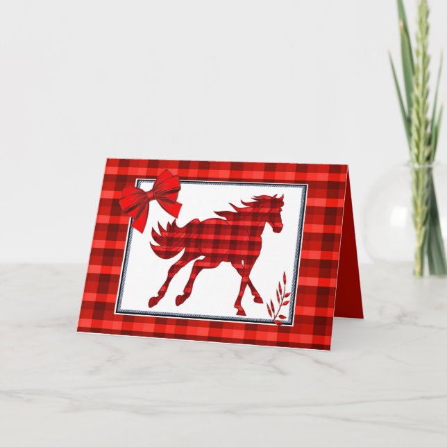 Western  Horse Red  Plaid Faux Denim Card (Front)
