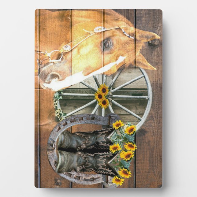 Western Horse Wagon Wheel Horseshoe Cowboy Boots Plaque (Front)