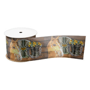 Western Horse Wagon Wheel Horseshoe Cowboy Boots Satin Ribbon