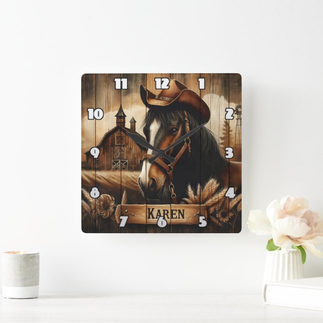 Western Horse With Cowboy Hat Beside Barn Sunset Square Wall Clock (Home)