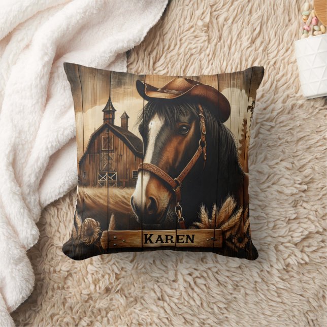 Western Horse With Cowboy Hat Beside Barn Sunset Throw Pillow (Blanket)