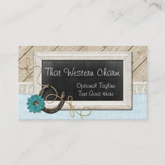Western Horseshoe Country Chalkboard & Rustic Wood Business Card (Front)