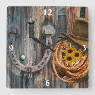 Western Horseshoe Cowboy Hat Lasso Square Wall Clo Square Wall Clock