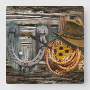 Western Horseshoe Cowboy Hat Lasso Square Wall Clock