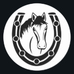 Western Horseshoe Horse Country Rustic Wedding Classic Round Sticker<br><div class="desc">Add some fun to your cards, or wedding and party favours with this cute hand drawn black and white western horseshoe sticker. Equestrian horse stickers are perfect for your country, rustic, and western wedding * businesses * parties * fundraisers and charities. Please scroll down to view matching products you may...</div>