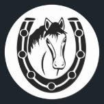 Western Horseshoe Horse Country Rustic Wedding Classic Round Sticker<br><div class="desc">Add some fun to your cards, or wedding and party favours with this cute hand drawn black and white western horseshoe sticker. Equestrian horse stickers are perfect for your country, rustic, and western wedding * businesses * parties * fundraisers and charities. Please scroll down to view matching products you may...</div>