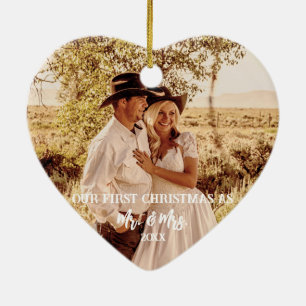Western Horseshoe Monogram 1st Christmas Married Ceramic Ornament