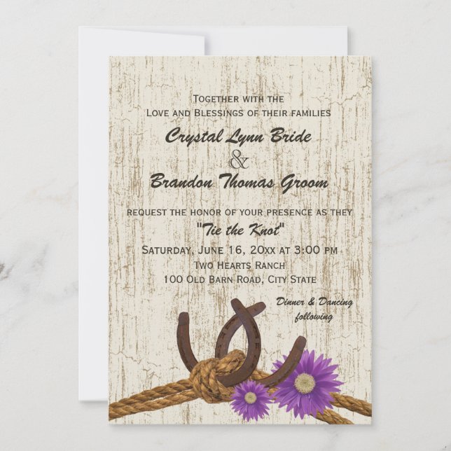Western Horseshoes and Purple DaisyWedding Invitation (Front)