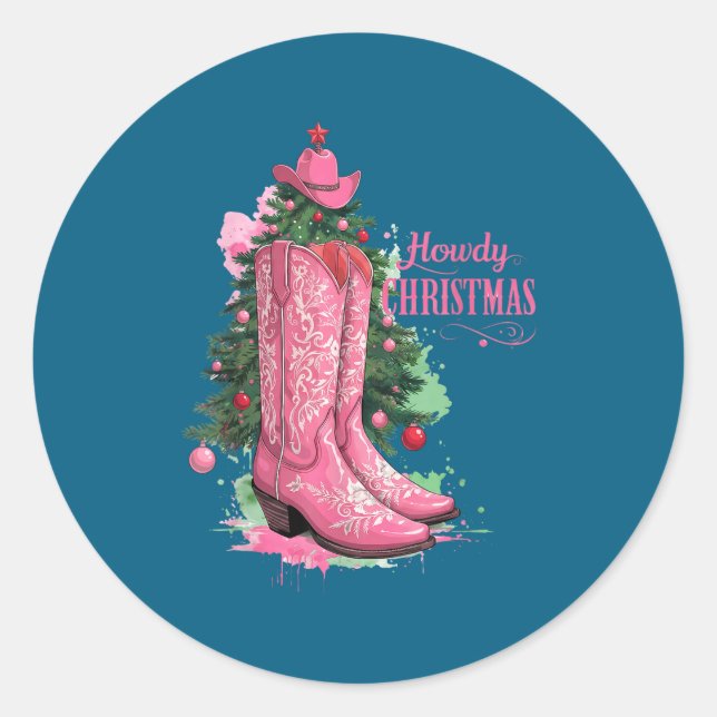 Western , Howdy Christmas And Tree, Nk Cowboy Boot Classic Round Sticker (Front)