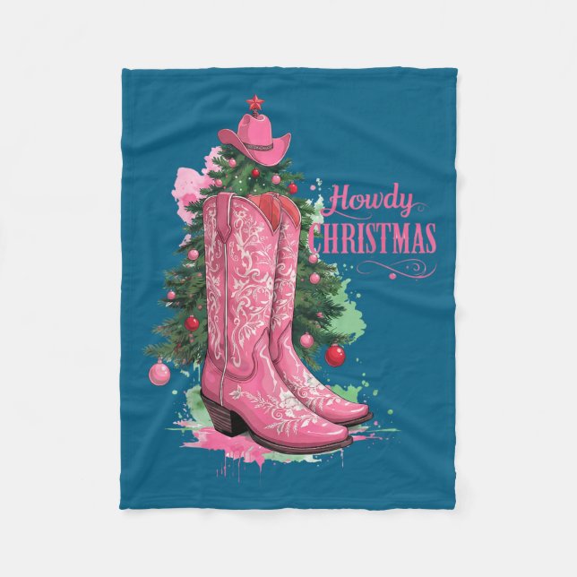 Western , Howdy Christmas And Tree, Nk Cowboy Boot Fleece Blanket (Front)