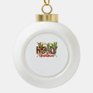Western Howdy Christmas Cow Cowboy Hat And Cactus Ceramic Ball Christmas Ornament