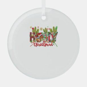 Western Howdy Christmas Cow Cowboy Hat And Cactus Glass Ornament
