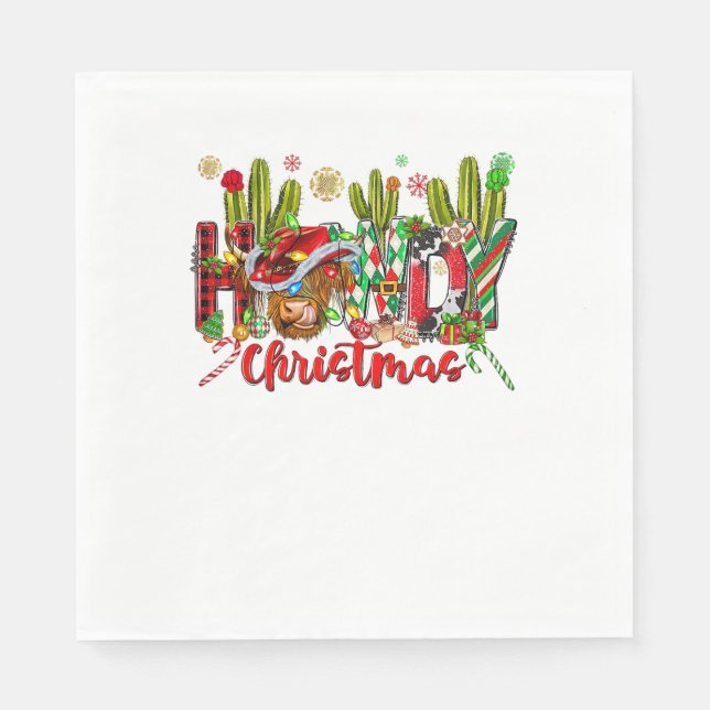 Western Howdy Christmas Cow Cowboy Hat And Cactus  Napkin (Front)