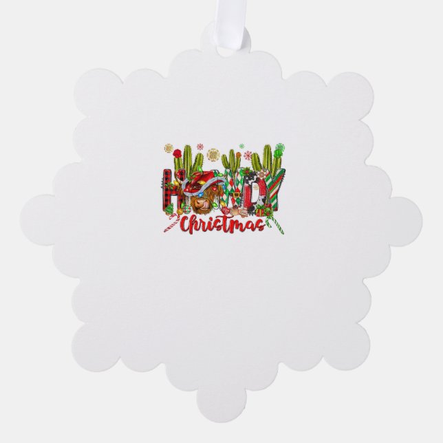 Western Howdy Christmas Cow Cowboy Hat And Cactus  Ornament Card (Front)