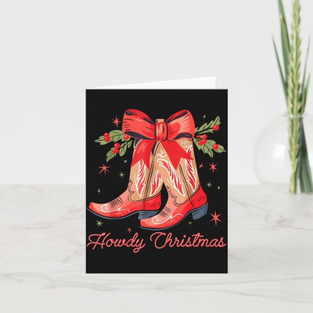 Western Howdy Christmas Cowgirl Boot Coquette Bow  Card (Front)