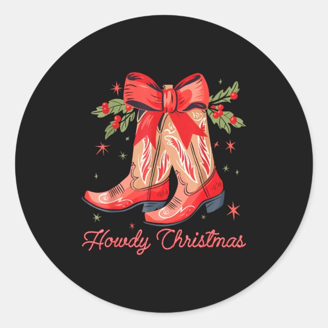 Western Howdy Christmas Cowgirl Boot Coquette Bow  Classic Round Sticker (Front)