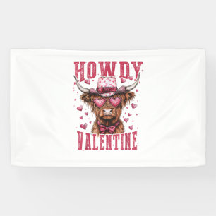 Western Howdy Highland Cow Valentines Day Highland Banner
