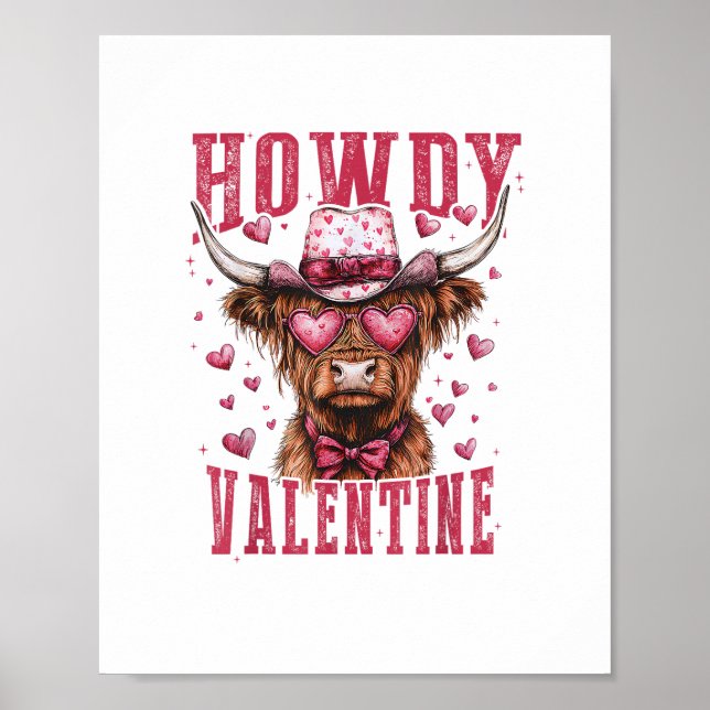 Western Howdy Highland Cow Valentines Day Highland Poster (Front)