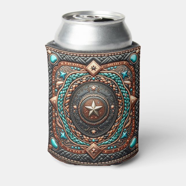 Western Leather Braid And Turquoise Print Custom  Can Cooler (Can Back)