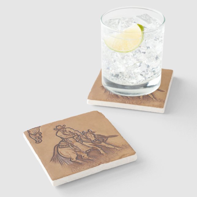Western leather horseback Riding Rodeo Cowboy Stone Coaster (Side)